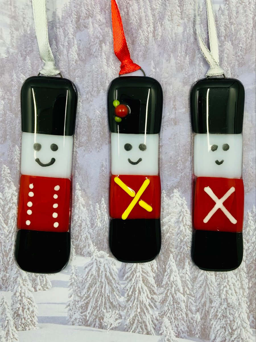 Three Handmade Fused Glass Soldier Hanging Christmas Decorations