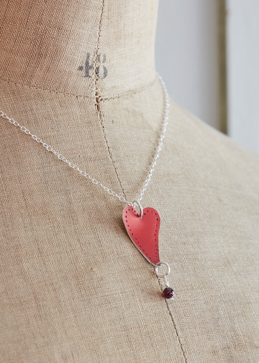 Red Aluminium Handmade Love Heart Pendant with Garnet Bead