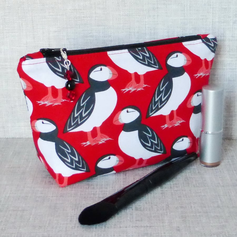 Puffins make up bag, zipped pouch, cosmetic bag