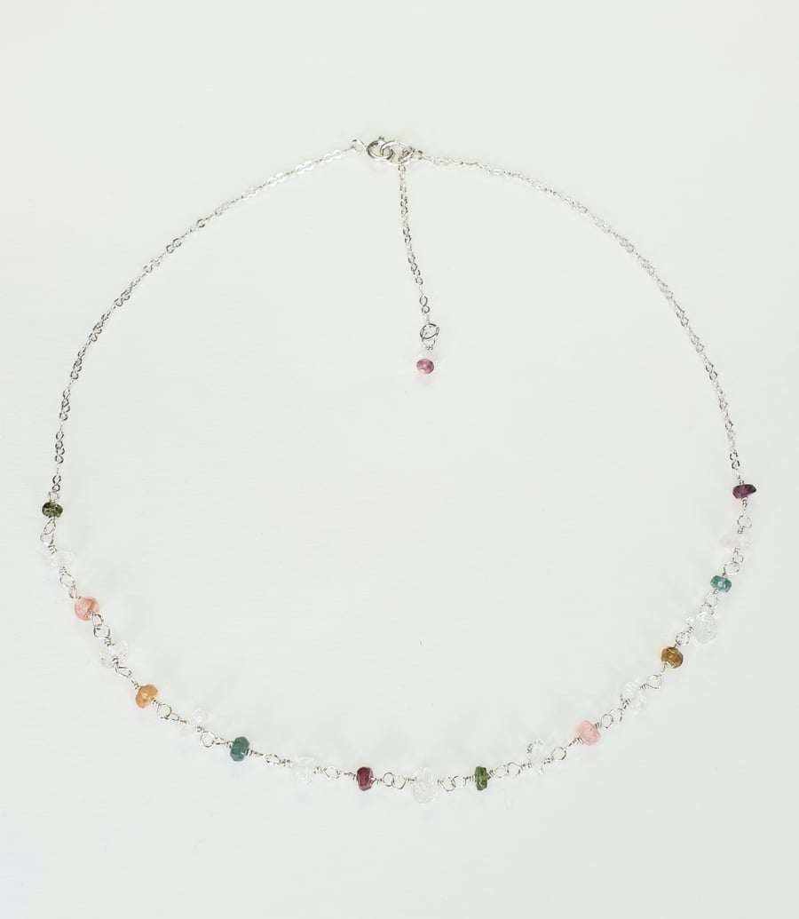 Multi Colour Tourmaline And White Topaz Sterling Silver Necklace 