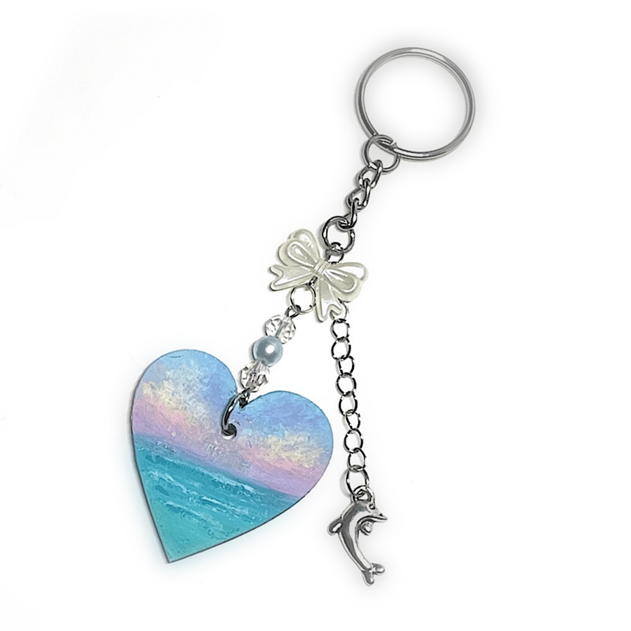 Wood heart keyring hand painted seascape