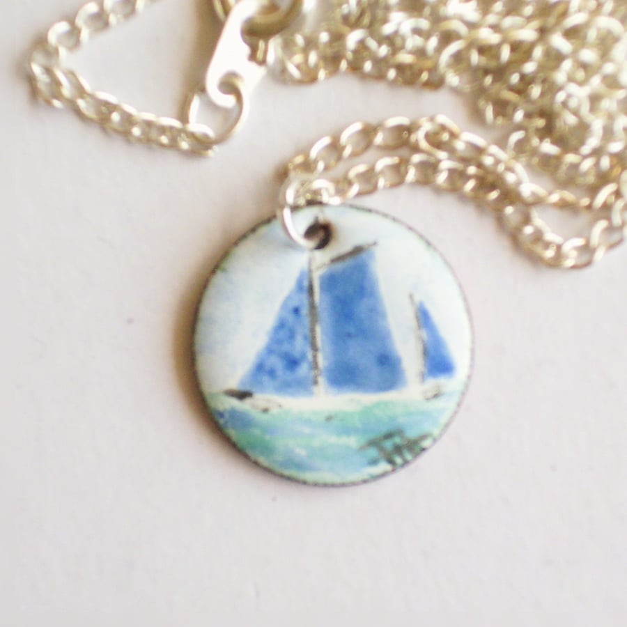 small painted enamel pendant - blue sails at sea