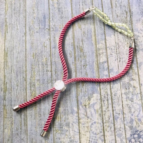 Pink Cord & Pale Green beaded Bar Bracelet