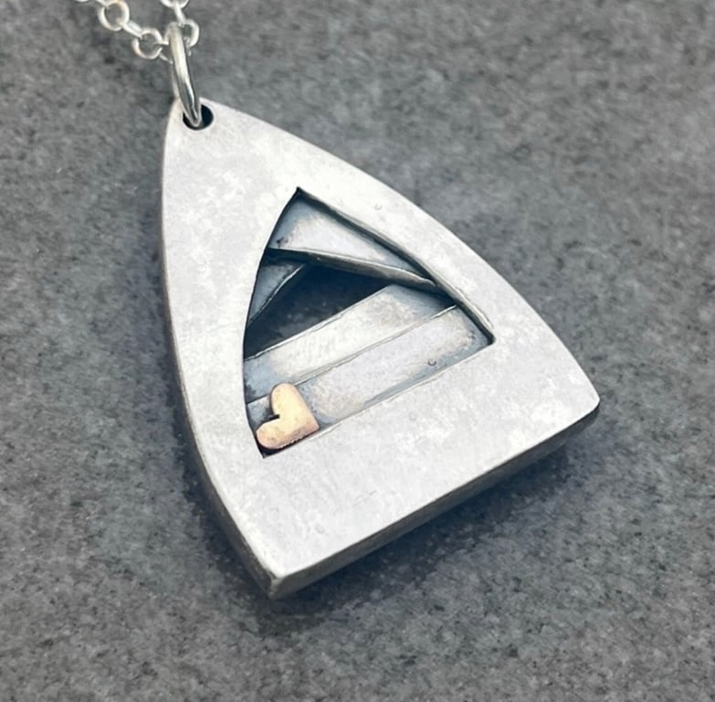 Arch Pendant, silver arc pendant, oxidised pendant with gold heart, heart,   