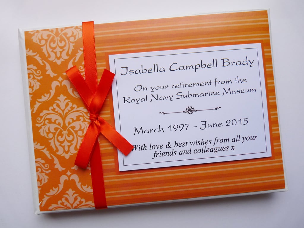 Orange Retirement Guest book, retirement keepsake, gift