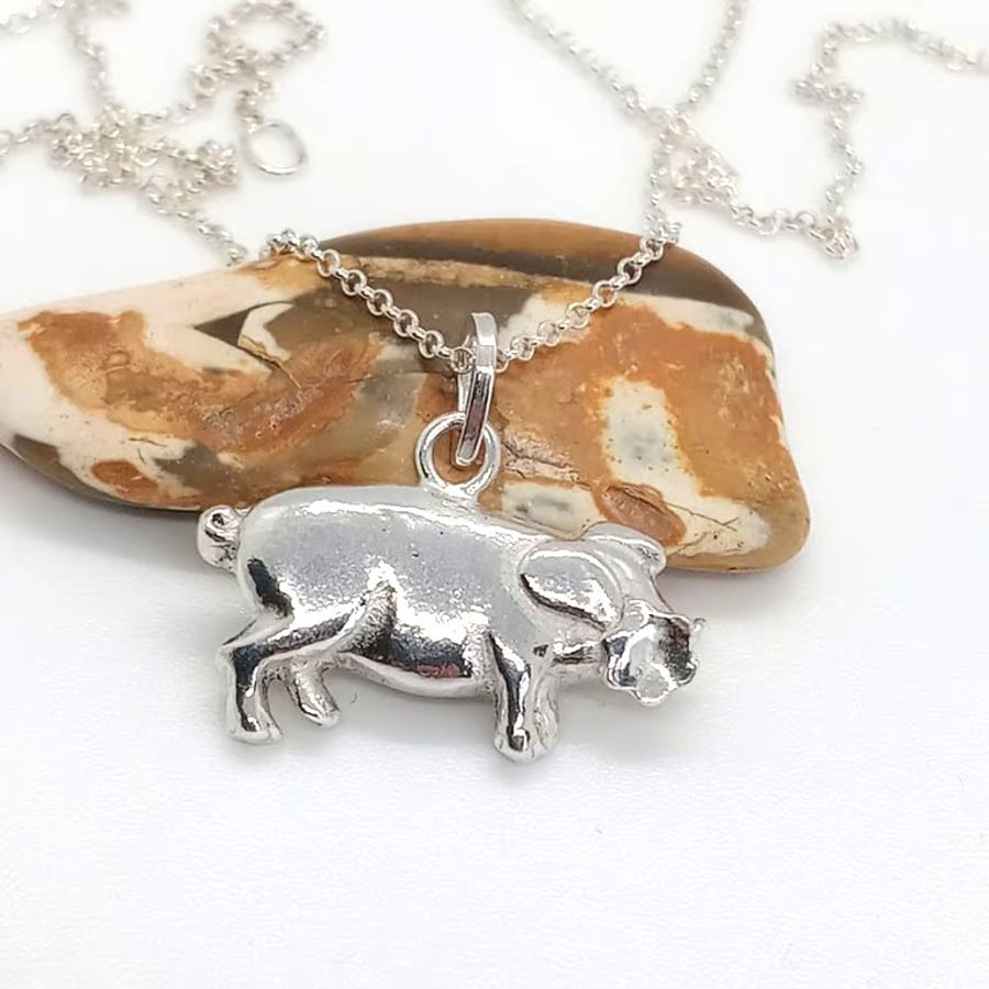 Pig Necklace Farm Animal Pendant with flower detail sterling silver Hallmarked