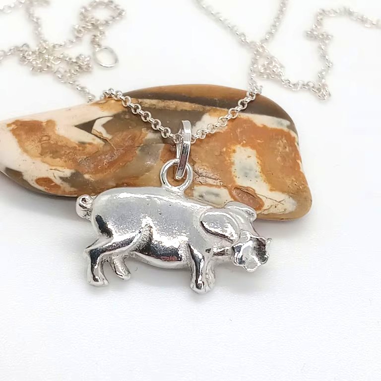 Pig Necklace Farm Animal Pendant with flower detail sterling silver Hallmarked