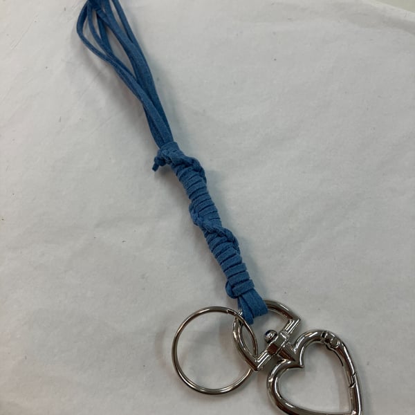 Blue Suede Keyring Bag Charm w Silver Heart shaped carabiner - FREE SHIPPING