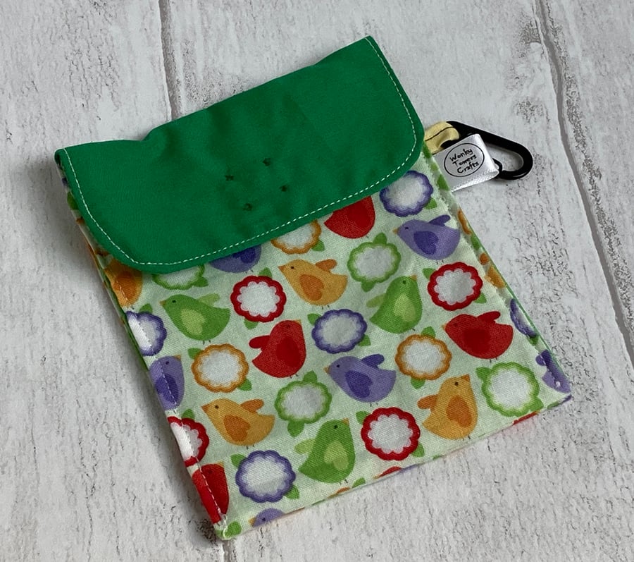Snack bag with small carabiner clip. Reusable and eco-friendly