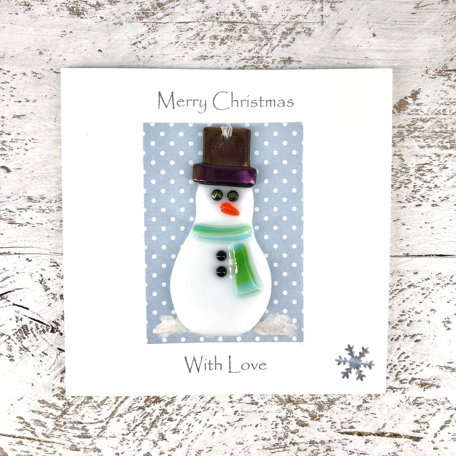 Christmas Card with Detachable Glass Snowman Decoration 