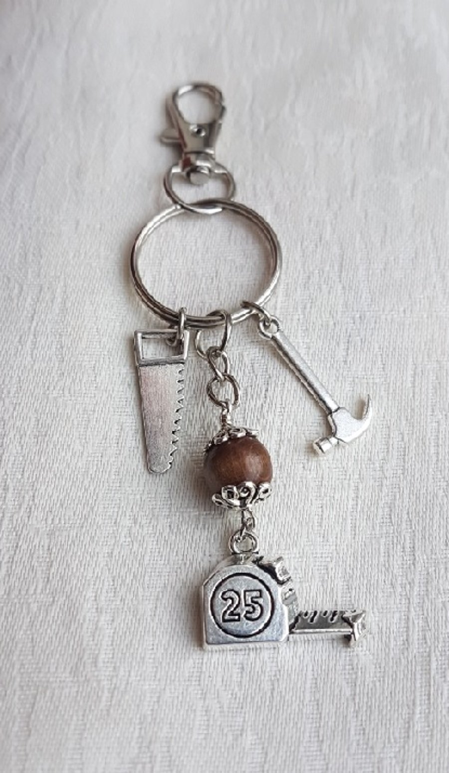 Cool Tools Key Ring No2 - Key Chain - Bag Charm - Brown Wooden Bead.