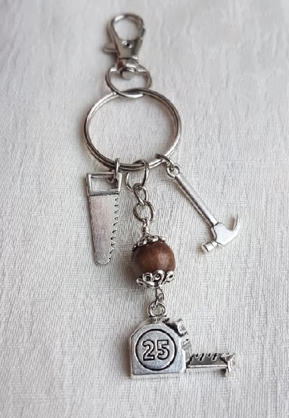 Cool Tools Key Ring No2 - Key Chain - Bag Charm - Brown Wooden Bead.