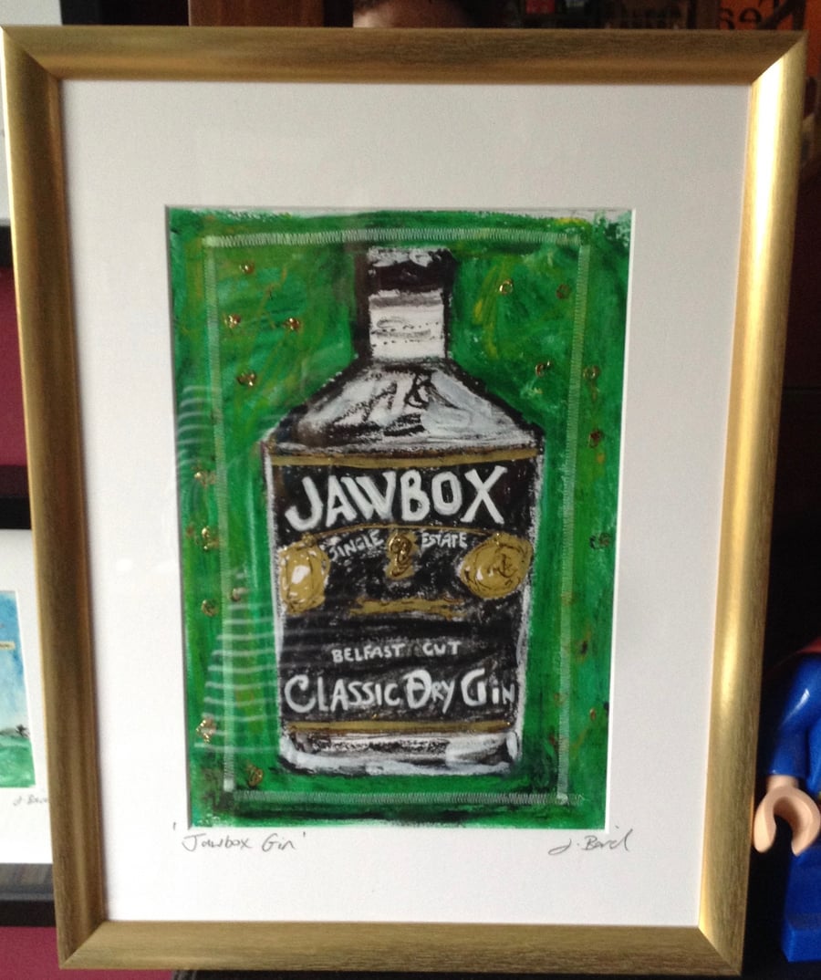 Original Jawbox Gin pastel drawing. Framed in gold.  art, drinks, men gift