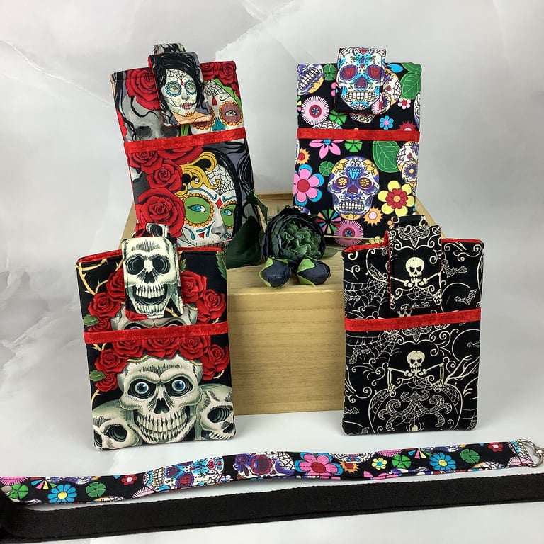 Gothic neck bag, Skulls phone cover, Travel case, Detachable lanyard, 4 options