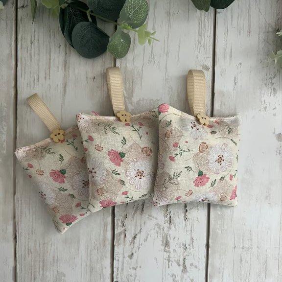 Lavender Sachets: Set of 3 in Floral Cotton & Linen Fabric, Sleep