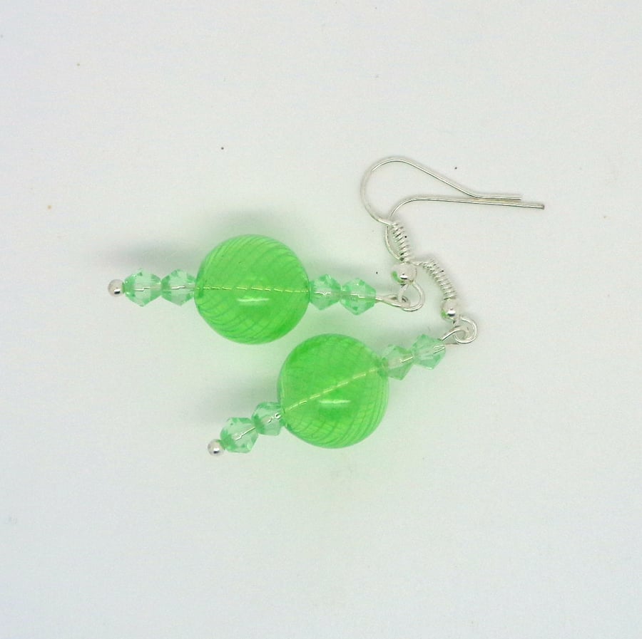 Pale green unique hollow glass bead & crystal drop earrings