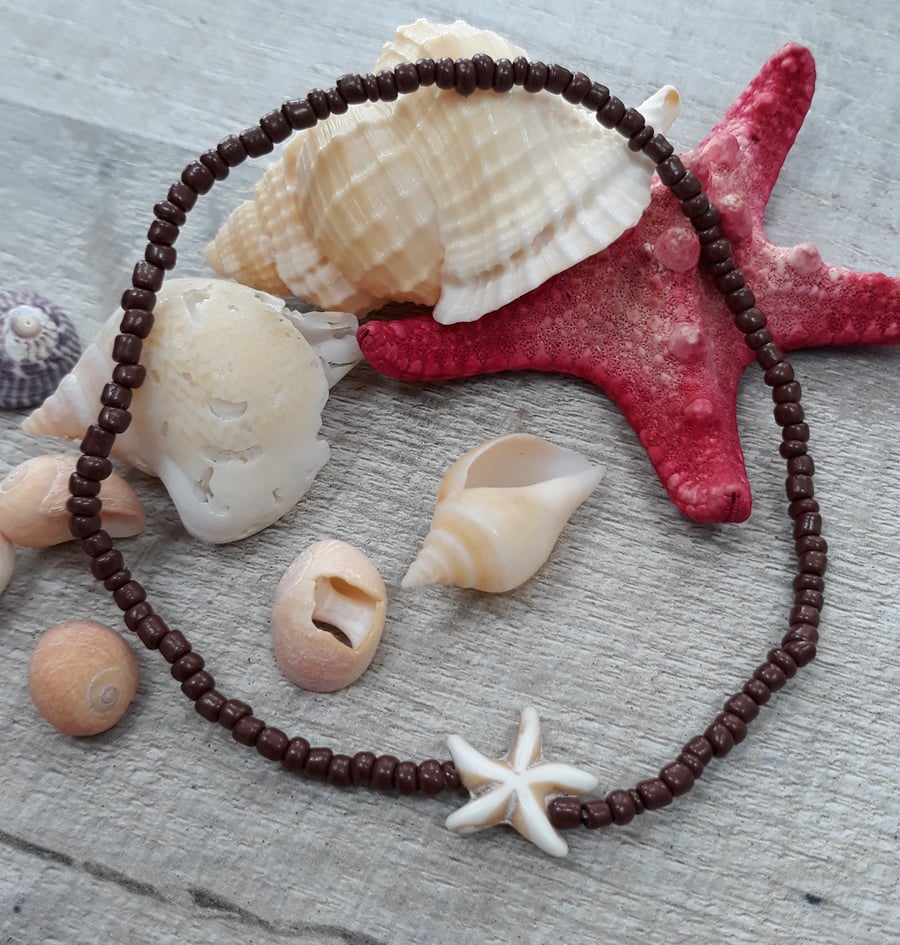 AL42 Brown beaded anklet with starfish