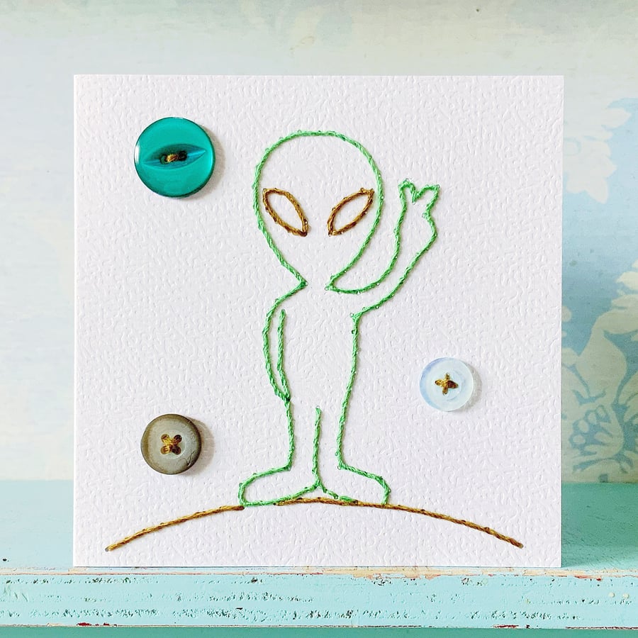 Hand Sewn Card. Alien Card. Aliens. Stitched Card. Embroidered Card. 