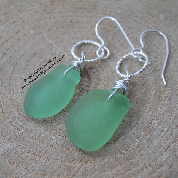 Bright Pale Green Cornish Sea Glass Earrings on Diamond Cut Rings E633