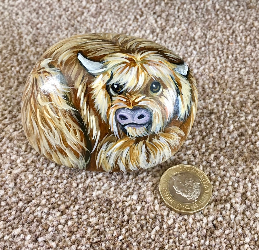 Highland cow hand painted pebble rock art wildlife 