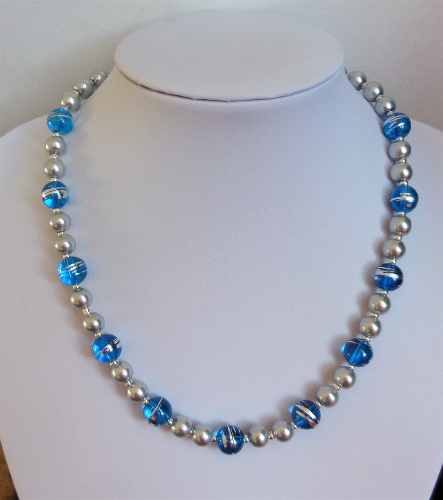 Reduced. Blue and silver and silver glass pearl bead necklace