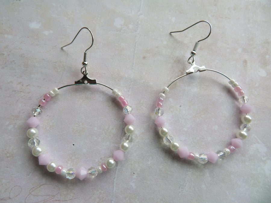 Pale Pink & White Swarovski Crystal Elements Beaded Retro Hoop Earrings