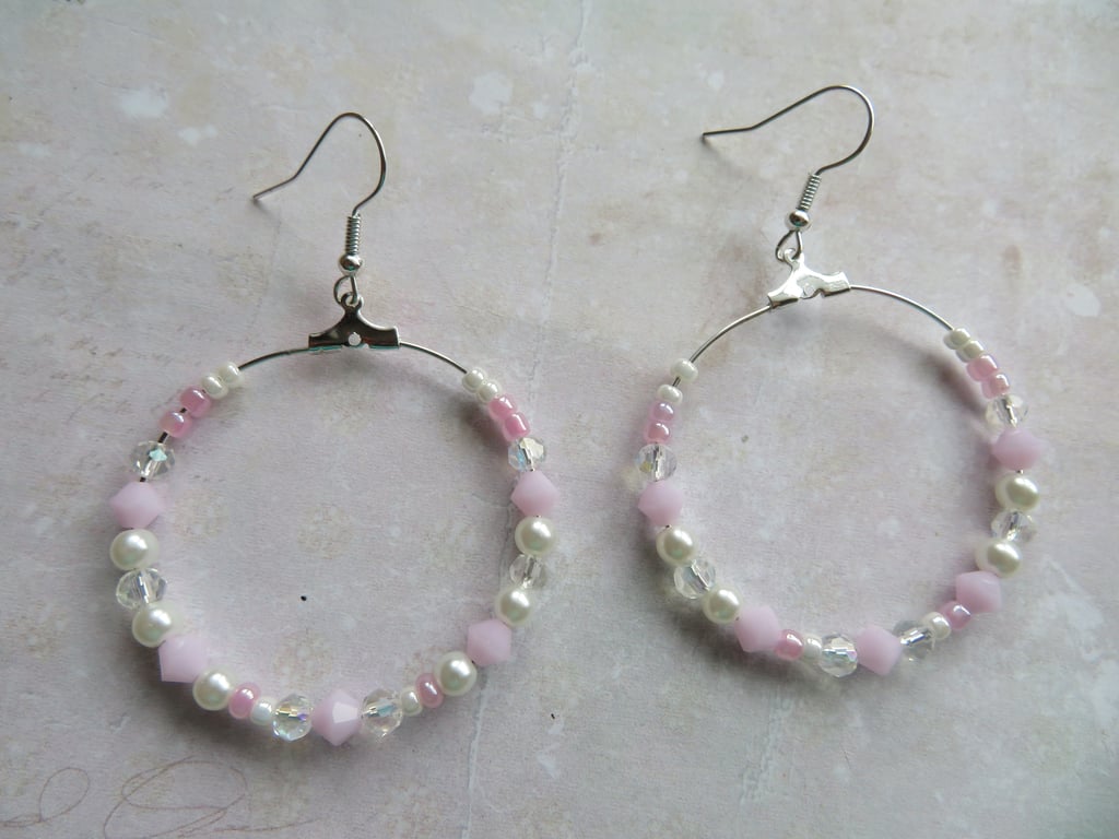 Pale Pink & White Swarovski Crystal Elements Beaded Retro Hoop Earrings