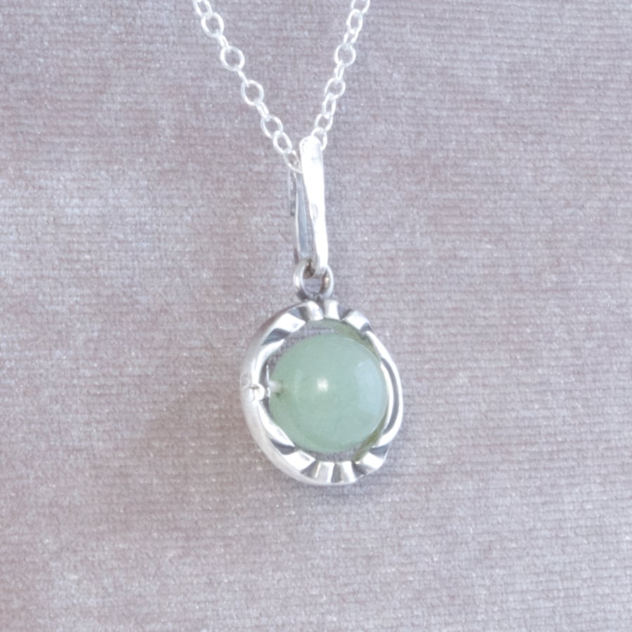 Solid Sterling Silver Chunky Striped Ring Pendant Sea Green Aventurine Insert 