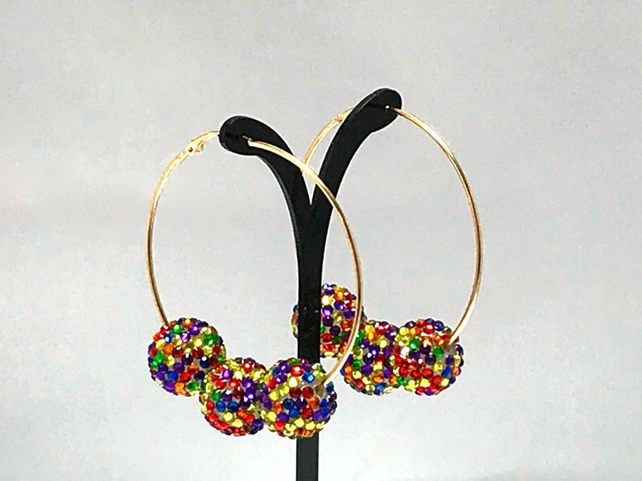GLITTER BALL HOOPS crystal earrings extra large disco rainbow lgbt pride retro