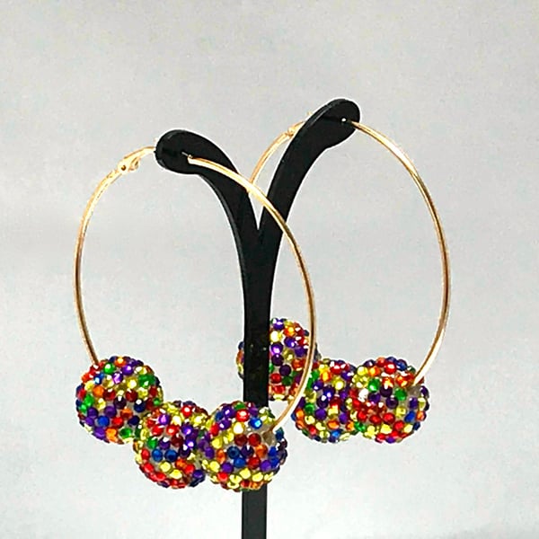 GLITTER BALL HOOPS crystal earrings extra large disco rainbow lgbt pride retro