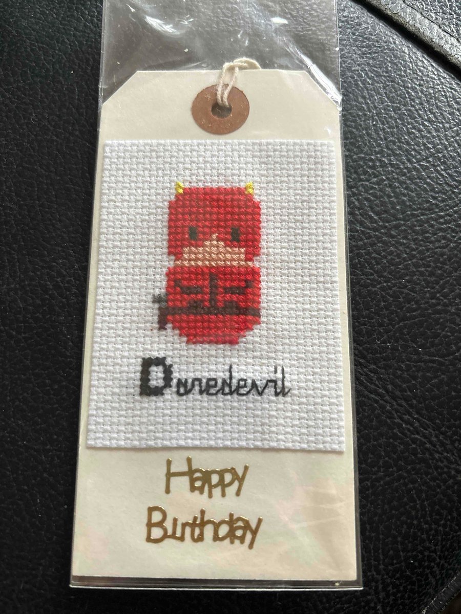 Cross stitched Daredevil gift tag 
