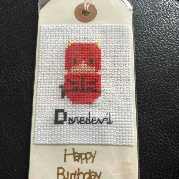 Cross stitched Daredevil gift tag 