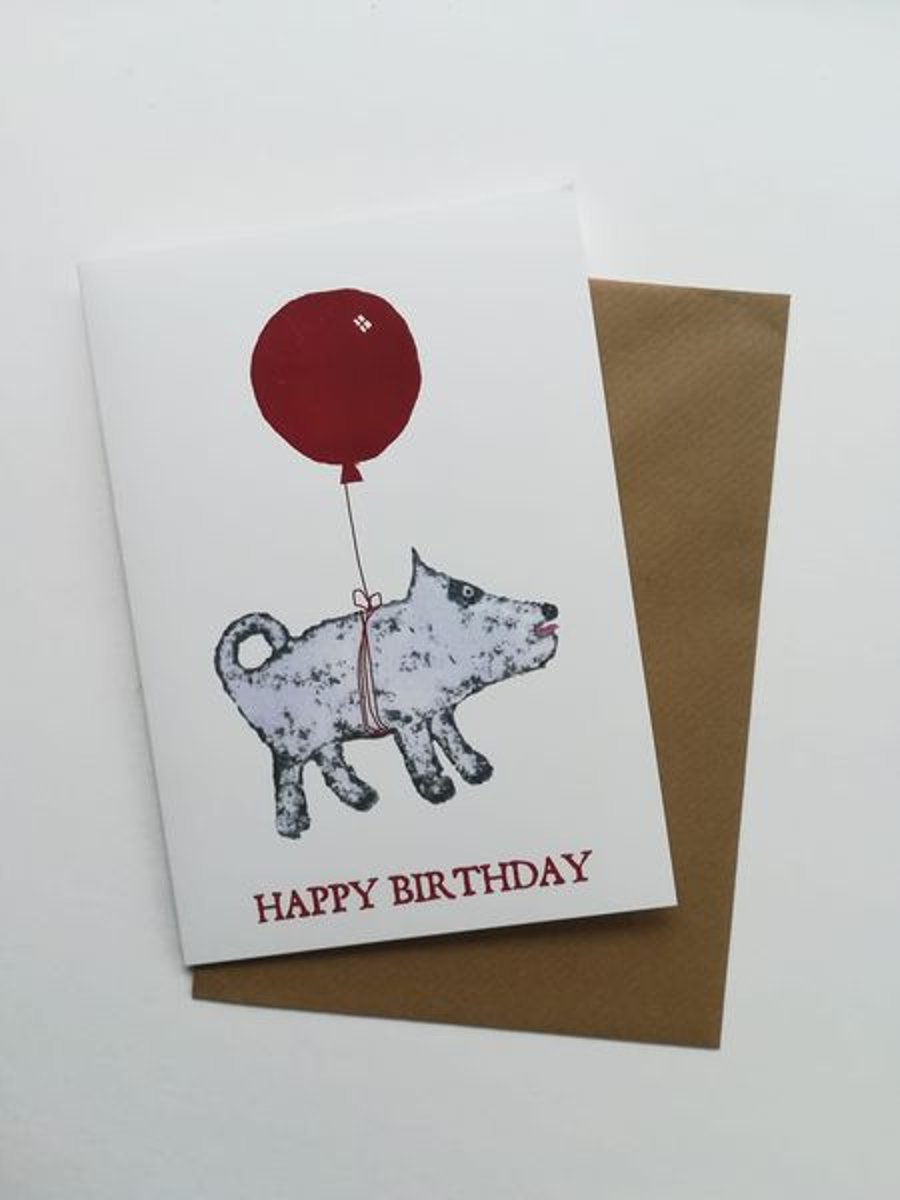 Happy Birthday Dog and Balloon Blank Greetings Card