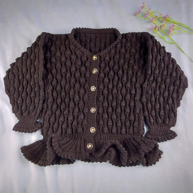 Hand Knitted Girls Black Bobble Stitch Peplum Cardigan Age 3-4 Years