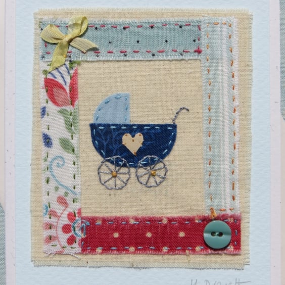 Little pram embroidery on card to welcome a precious new baby boy
