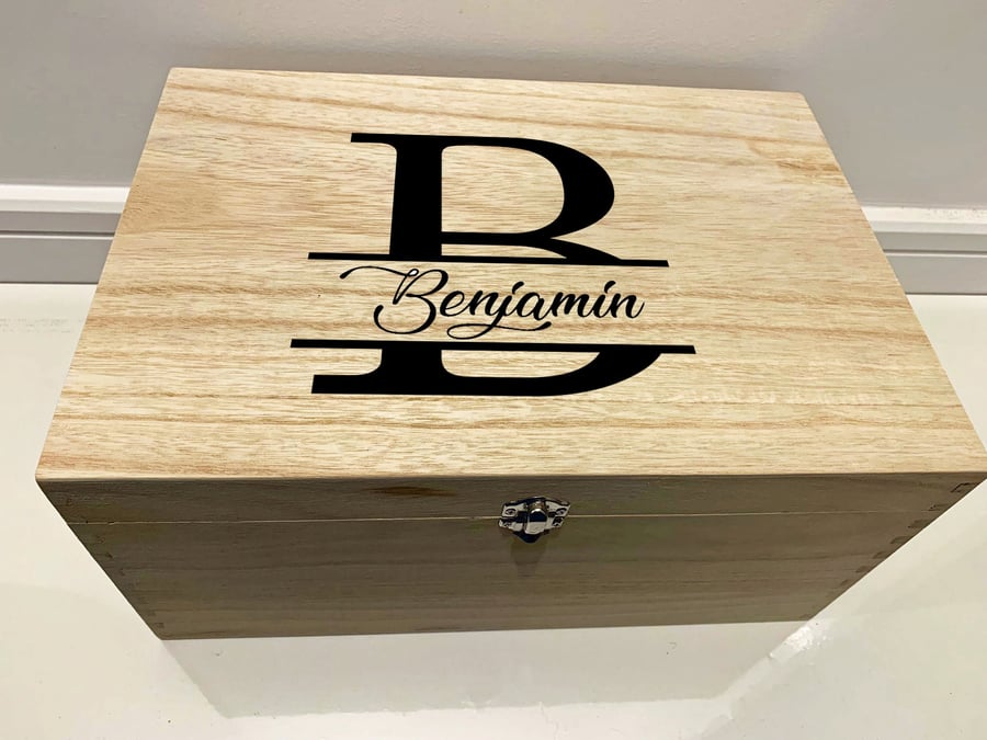 Large Personalised Engraved Wooden Keepsake Box with Split Monogram