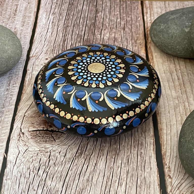 Blue Gold Mandala Painted Rock Art Stone Acrylic Painting Hand Painted Unique