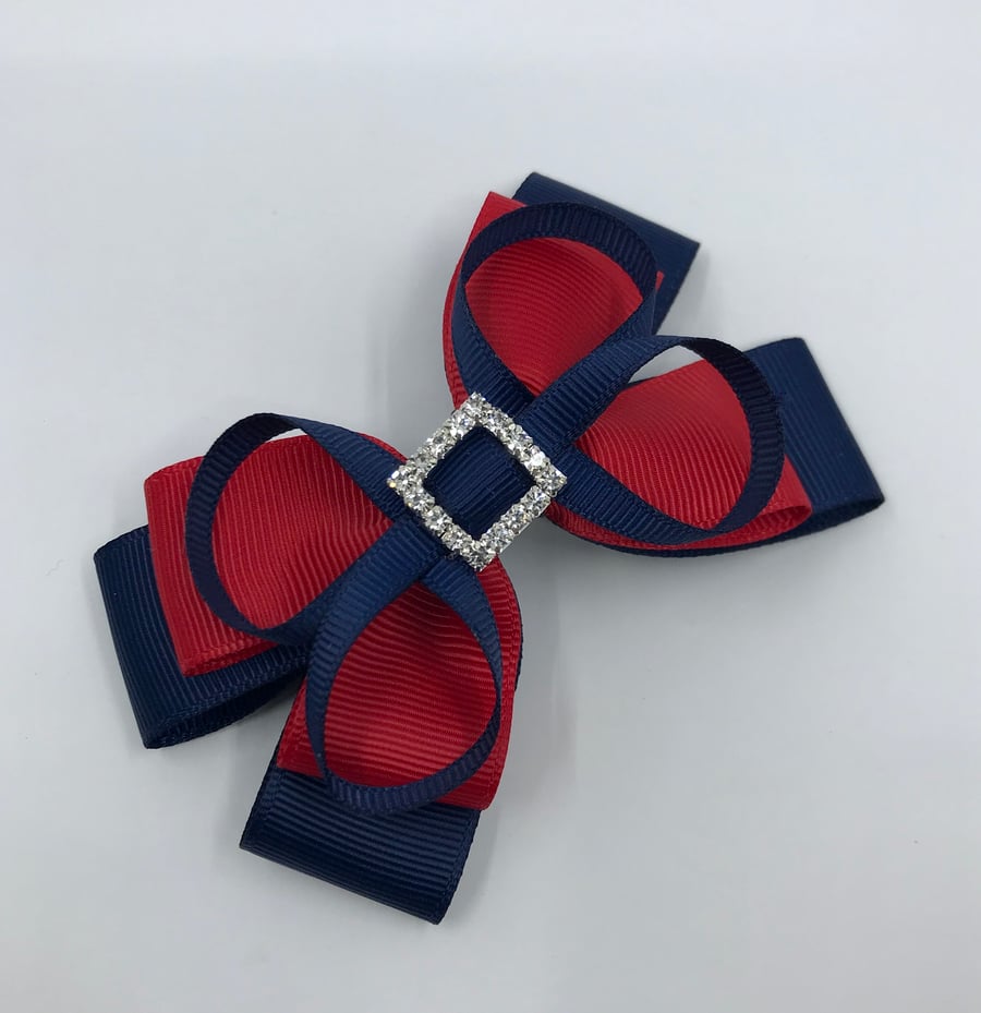 Navy and Red Double Layer Bow with Navy Loops on Clip