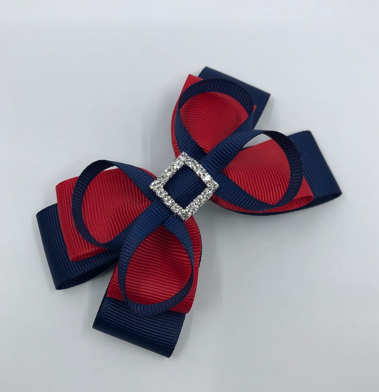 Navy and Red Double Layer Bow with Navy Loops on Clip