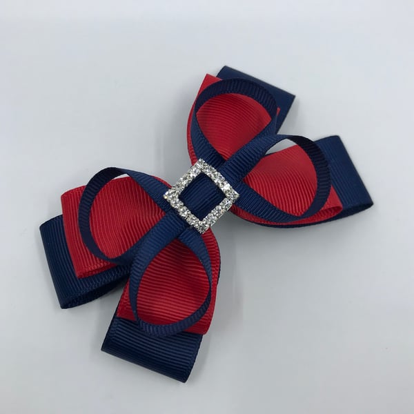 Navy and Red Double Layer Bow with Navy Loops on Clip