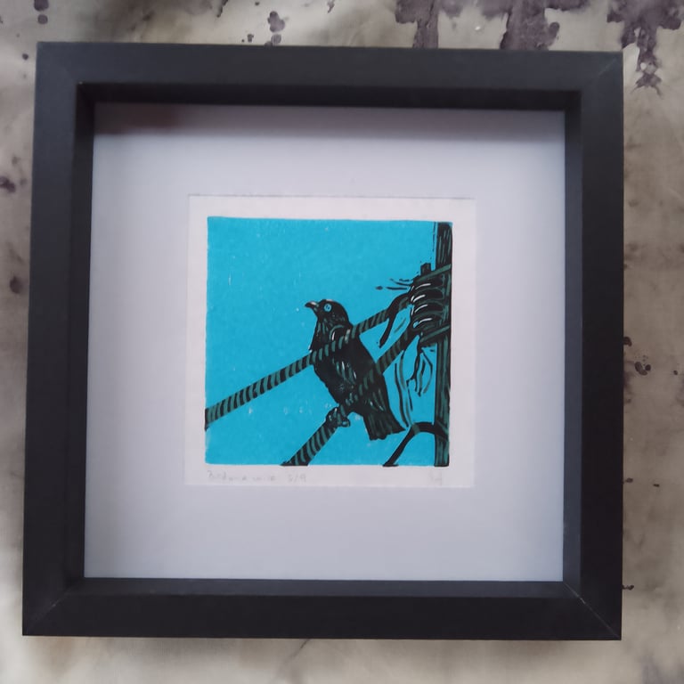 Framed linoprint bird on a wire limited edition 