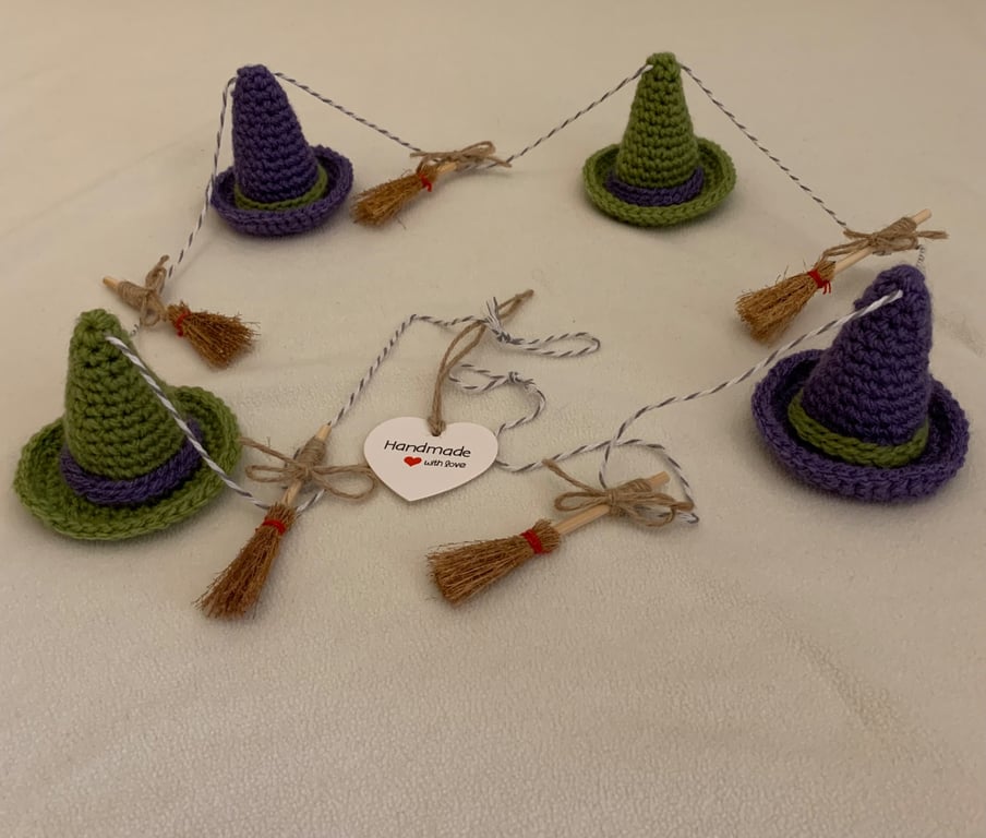 Handmade crochet witches hat and broomstick bunting 