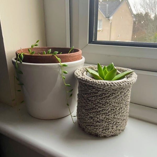 SOLD - Hand Knitted Plant Pot - Beige - Recycled Cotton - Small