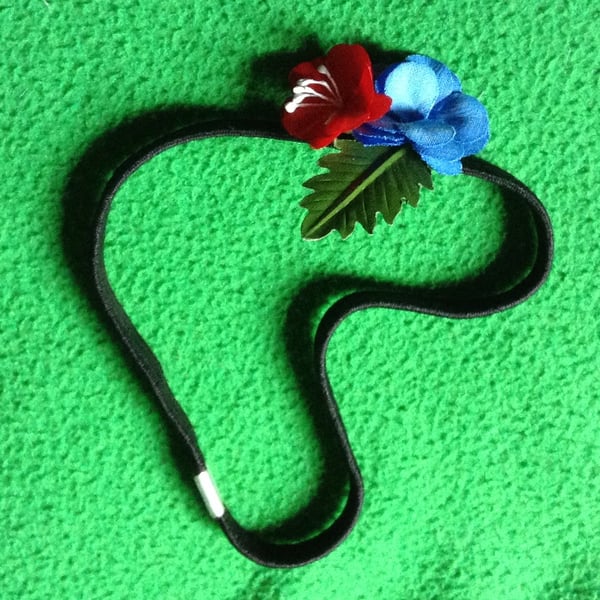 Blue and Red Flower, Green Leaf hair band