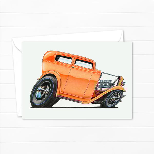 American Hot Rod Greeting Card: Detailed Custom Car Illustration (407)