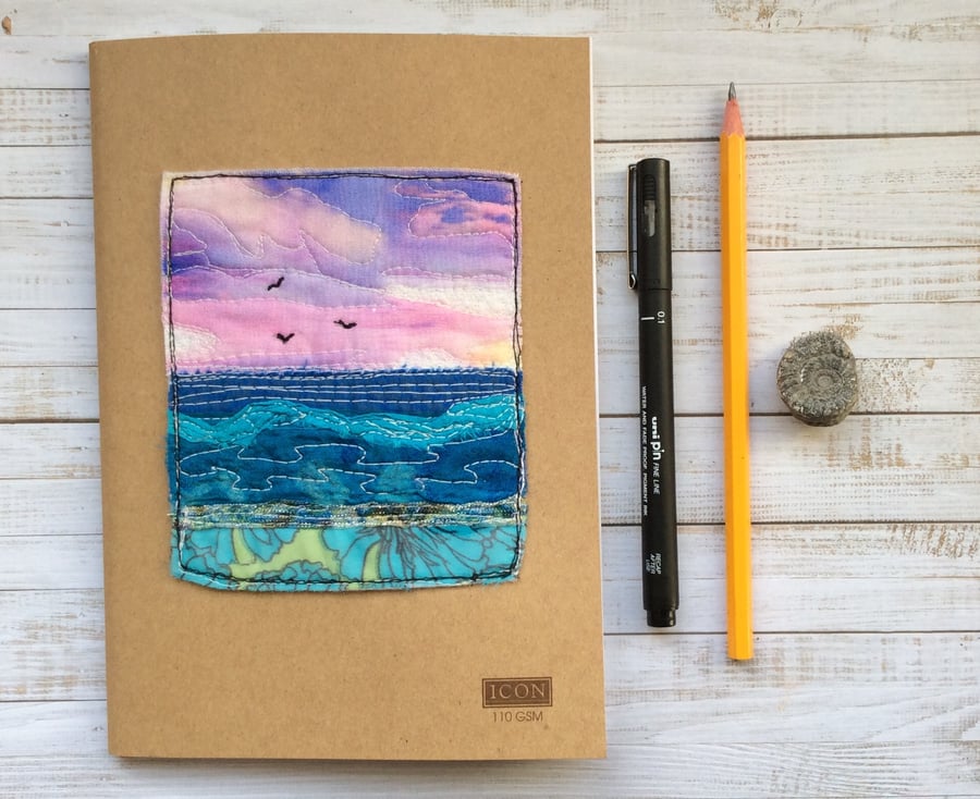 Embroidered seascape sketchbook, journal, drawing books or scrap book. 