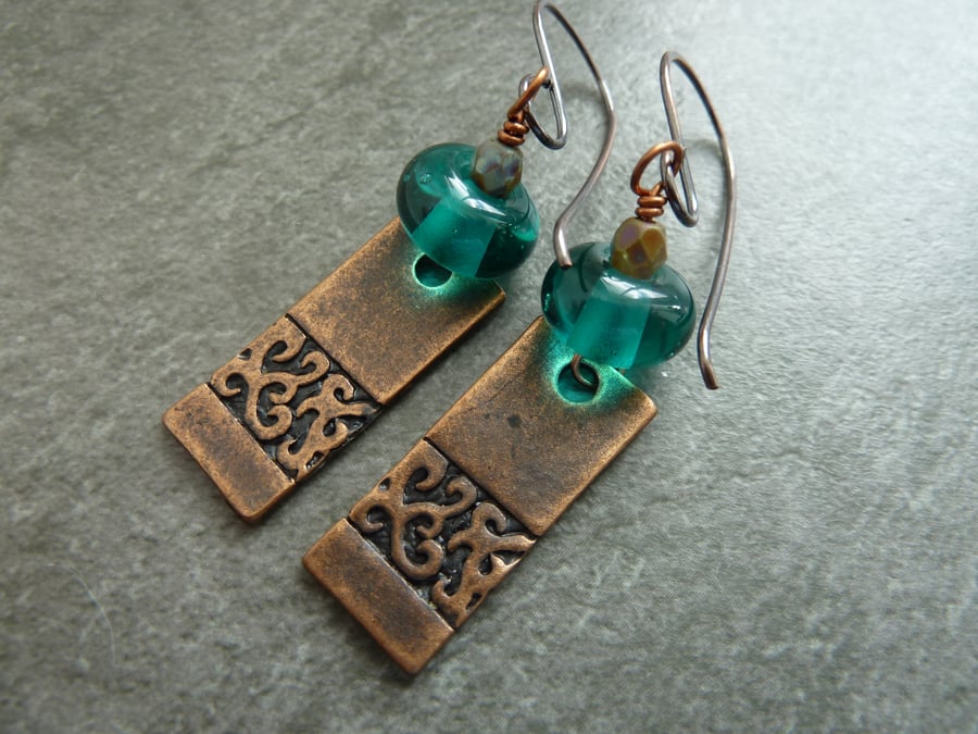copper, teal lampwork glass earrings