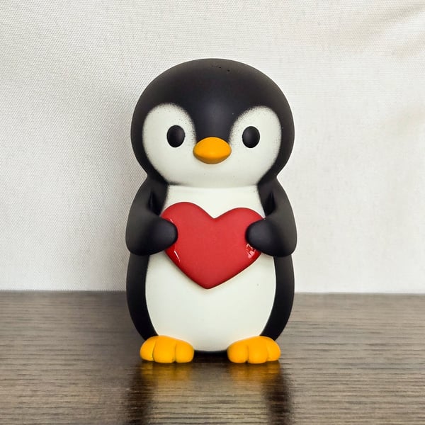 Penguin Holding Heart Figurine - Cute Resin Sculpture - 3D Printed Home Decor 