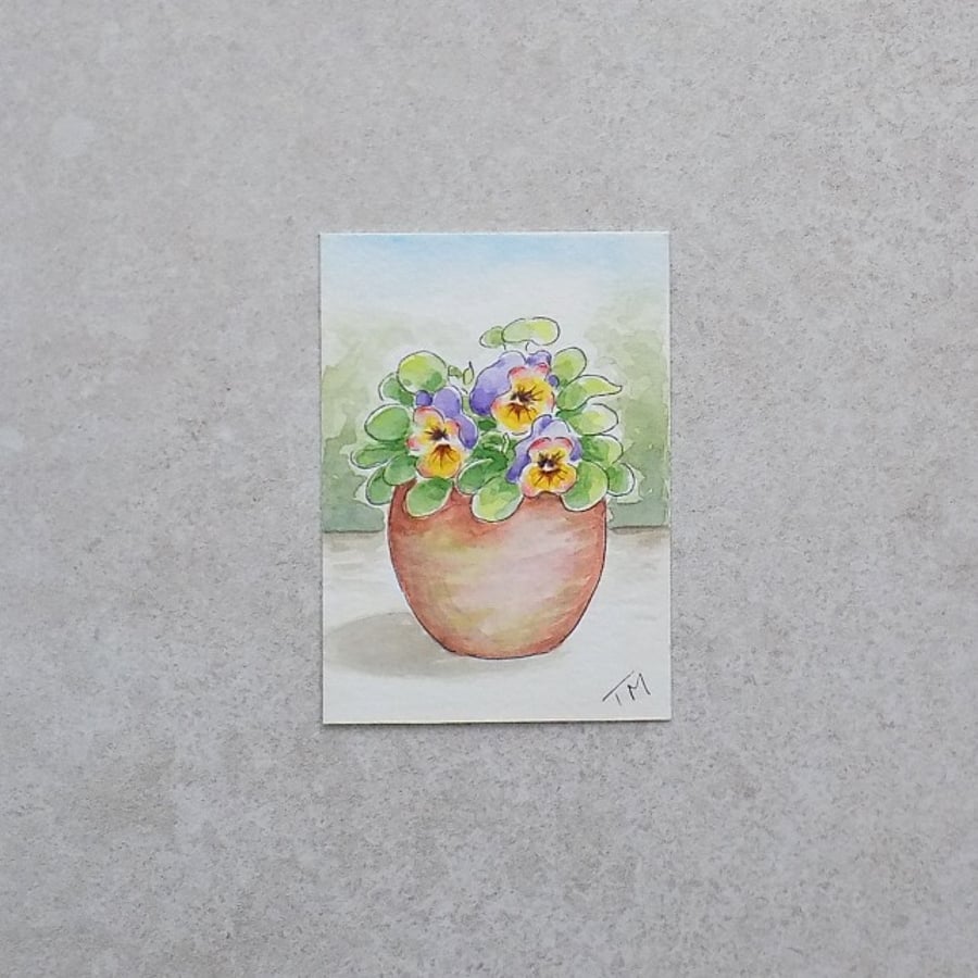S A L E   Original Watercolour ACEO  'Pansy Flower Pot'