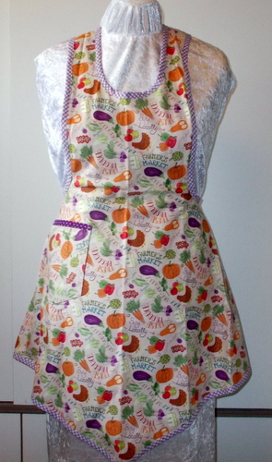 Hand made vintage style apron with print of fresh fruit and veg.